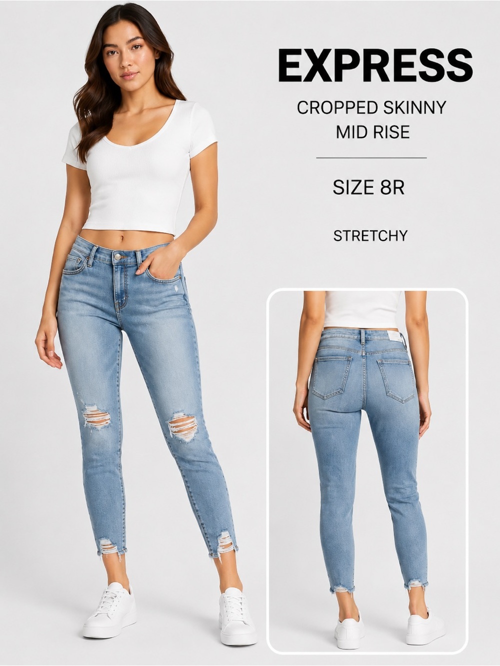 Express Cropped Skinny Mid Rise Distressed Y2K style Jeans – Size 8R